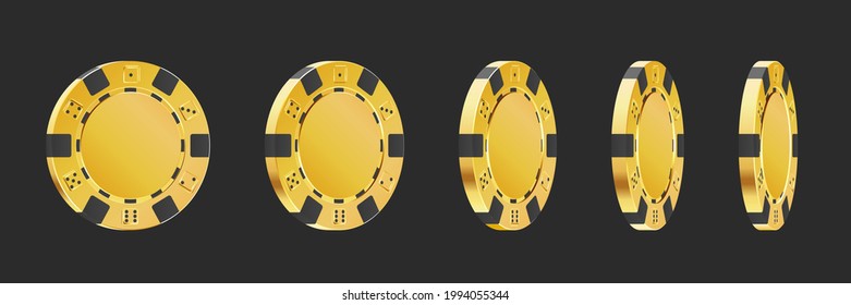 Gold rotating poker vip chips. Gambling game, casino 3d golden chips. Online gambling game clipart. Vector illustration