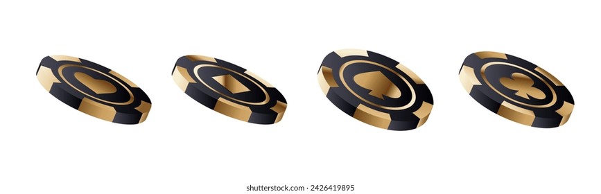 Gold rotating poker vip chips. Gambling game, casino 3d golden chips. Online gambling game clipart. Vector illustration