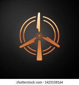 Gold Rotating wind turbine icon isolated on black background. Wind generator sign. Windmill silhouette. Windmill for electric power production. Vector Illustration