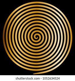 Gold round abstract vortex hypnotic spiral. Vector illustration optical illusion helix anaglyph opt art illustration. Volute, maze, concentric lines, circular, rotating clip art isolated on black .
