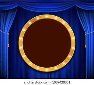Gold round banner with light bulbs on the blue theatrical curtain. Stock vector illustration.