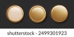 Gold round button collection. 3d realistic golden blank medals isolated