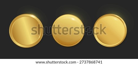 Gold round button collection.  Metal coins, Award Gold Blank Medals - 3D Vector Realistic, Round metal realistic frames, medals or stickers.