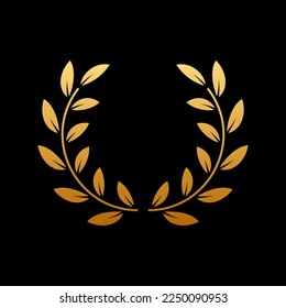 Gold Round Chaplet Reward for Winner Silhouette Icon on Black Background. Golden Laurel Wreath Award. Victory Symbol. Leader Trophy in Olive Leaves Branch Shape. Isolated Vector Illustration.