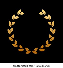 Gold Round Chaplet Reward for Winner Silhouette Icon on Black Background. Golden Laurel Wreath Award. Victory Symbol. Leader Trophy in Olive Leaves Branch Shape. Isolated Vector Illustration.