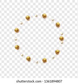 Gold round chocolates in foil, pearls and scattering of glitter isolated on transparent background.