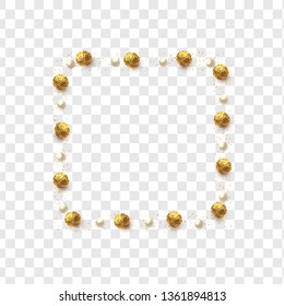 Gold round chocolates in foil, pearls and scattering of glitter isolated on transparent background.