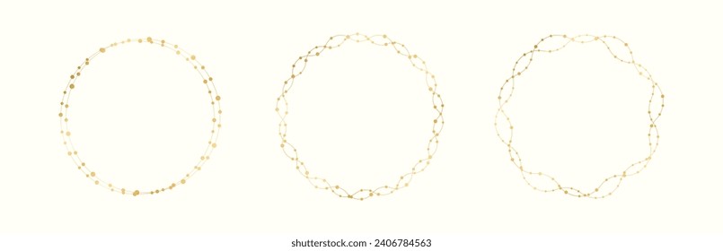 Gold Round Christmas Fairy Lights Frame Border Set. Abstract golden dots circle frame collection.