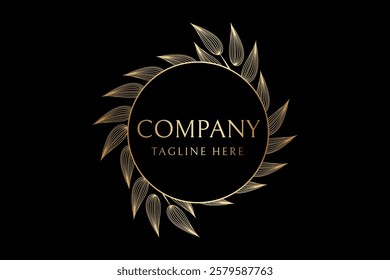 Gold Round Circle Foliage Leaves Badge Logo Design or Frame Element