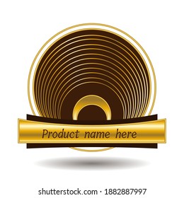 Gold round concentric striped label on dark background with golden rings and horizontal space for text below. Vector.