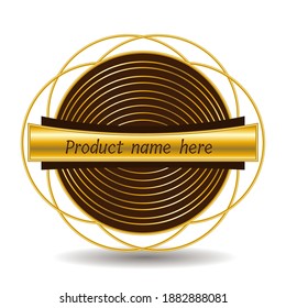 Gold round concentric striped label on dark background with intersecting golden rings and horizontal space for text in the centre. Vector.