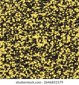 Gold Round Confetti on  Iridiscent Isolated Geometric Dust Particles. Closeup to Magic Falling Bokeh with Birthday Athmosphere. Luxury Illustration for Abstract Vector Border. Black Background