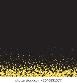 Gold Round Confetti on  Luxury Illustration for Abstract Vector Border. Black Background Iridiscent Isolated Geometric Dust Particles. Closeup to Magic Falling Bokeh with Birthday Athmosphere.