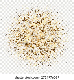 Goldene runde Konfetti auf transparentem Hintergrund, Nahaufnahme zu magischem Falling Bokeh mit Geburtstags-Athmosphäre. Iridiscent isolierte geometrische Staubpartikel. Luxus-Illustration für abstrakte Vektorrahmen.
