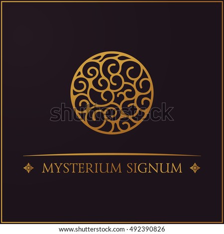 Gold round crest logo. Mysterious sign for your design. Vector floral symbol for cafe, restaurant, shop. Design template label for coffee, tea, mug, business card