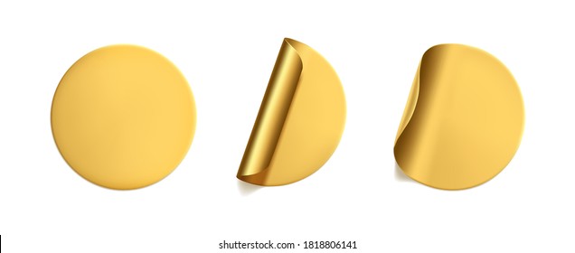 Gold Round Crumpled Stickers With Peeling Corner Mock Up Set. Adhesive Golden Foil Or Plastic Sticker Label With Wrinkled Effect On White Background. Blank Template Label Tags. 3d Realistic Vector