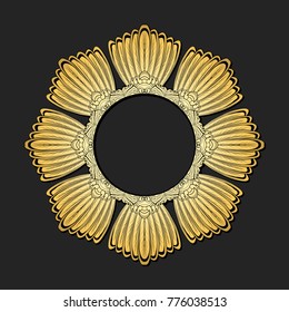 Gold round feather mandala from bird tails and paws on black background vector illustration. Ethnic decorative image mandala from bird feather
