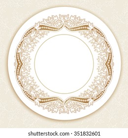 Gold round floral frame. Border with paisley and filigree ornament. Vector illustration
