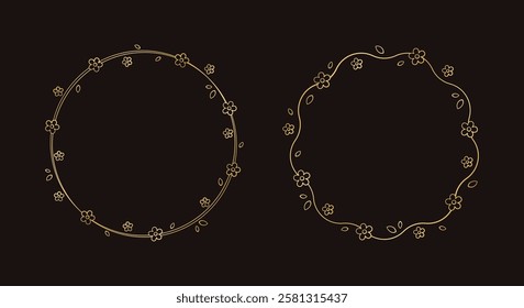 Gold Round Floral Frame Outline Doodle. Spring botanical circle border template, flourish design element for wedding, greeting card.