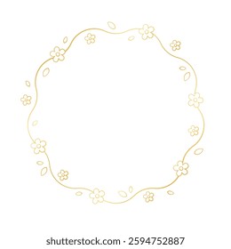 Gold Round Floral Frame Outline Doodle. Spring botanical circle border template, flourish design element for wedding, greeting card.