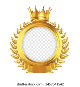 Gold round frame decorated by laurel wreath tape and crown realistic design concept on white background vector illustration