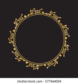 Gold round frame with floral elements. Greeting card with place for text, gold and invitation border. Vector illustration.