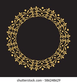 Gold round frame with floral elements. Greeting card with place for text, gold menu and invitation border. Vector illustration.