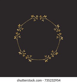 Gold round frame with floral elements. Greeting card with place for text, gold menu and invitation border. Vector illustration.