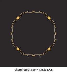 Gold round frame with floral elements. Greeting card with place for text, gold menu and invitation border. Vector illustration.