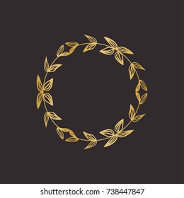 Gold round frame with floral elements. Greeting card with place for text, gold menu and invitation border. Vector illustration.