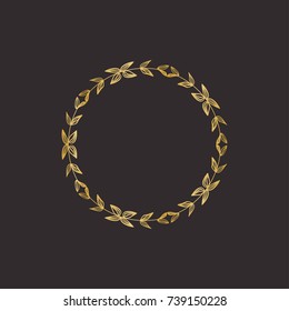 Gold round frame with floral elements. Greeting card with place for text, gold menu and invitation border. Vector illustration.