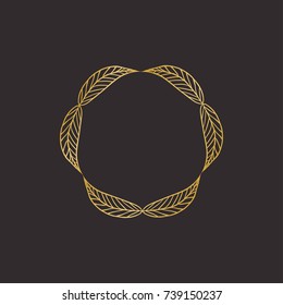 Gold round frame with floral elements. Greeting card with place for text, gold menu and invitation border. Vector illustration.