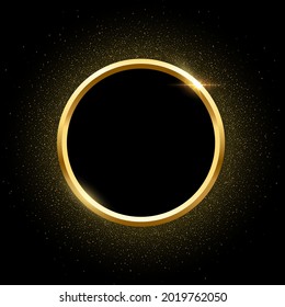 Gold round frame with golden glitter for picture on black background. Blank space for picture, painting, card or photo. 3d realistic modern circle template vector illustration. Simple object mockup.