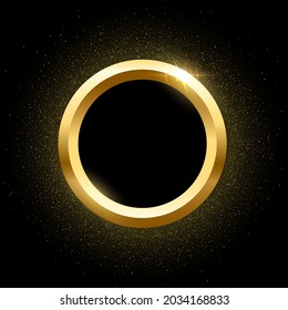 Gold round frame with golden glitter for picture on black background. Blank space for picture, painting, card or photo. 3d realistic modern circle template vector illustration. Simple object mockup.