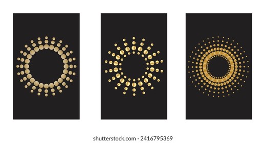 Gold round frame. Golden luxury Halftone radial pattern. Dots emblem. Dotted texture border. Vector illustration isolated on black background.