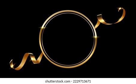 Gold round frame with golden silk ribbon vector illustration. Realistic 3d circle vintage luxury banner for memorial awards ceremony, elegant frame invitation on black background.