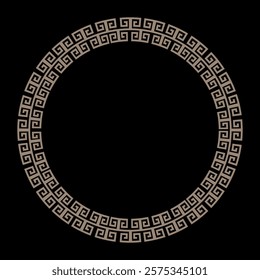 Gold Round frame with greek motifs. Greek gold round frame on black background. Circle gold frame. For card, invitation, textile, engraving, wooden carving, embroidery, porcelain, laser cutting