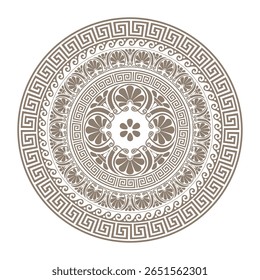 Moldura redonda dourada com ornamento grego. Chave grega clássica, onda, meandros florais. Padrões da Grécia, Roma antiga. A chave grega é sinuosa. Arredondar quadro grego. Circular a fronteira europeia. Onda vitruviana. 