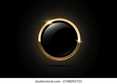 Gold round frame medal made of black glass with glow and glare, Golden 3d award badge sparkling particles, Shining glossy blank emblem button.