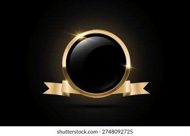 Gold round frame medal made of black glass with glow and glare, Golden 3d award badge with ribbon shining particles, Shining glossy blank emblem button.