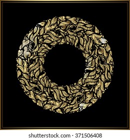 Gold round frame on black background. Vector floral decoration made from swirl shapes. Greeting, invitation card. Simple decorative black and gold illustration for print, web.