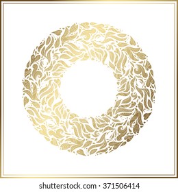 Gold round frame on white background.. Vector floral decoration made from swirl shapes. Greeting, invitation card. Simple decorative black and gold illustration for print, web.