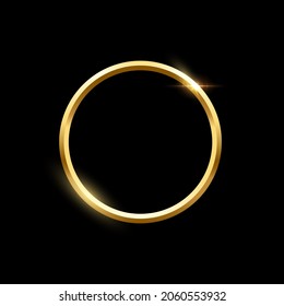 Gold round frame for picture on black background. Blank space for picture, painting, card or photo. 3d realistic modern circle template vector illustration. Simple golden object mockup.