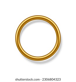 Gold round frame for picture with shadow on white background. Blank space for picture, painting, card or photo. 3d realistic circle tube template vector illustration. Simple golden object mockup.