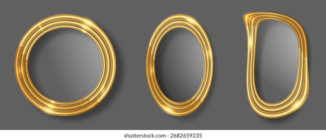 Gold round frame set collection for picture isolated. Blank space for painting, card or photo. 3d realistic modern golden luxury circle template mockup, vector illustration background