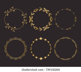 Gold round frame set with floral elements. Greeting card with place for text, gold menu and invitation border. Vector illustration.