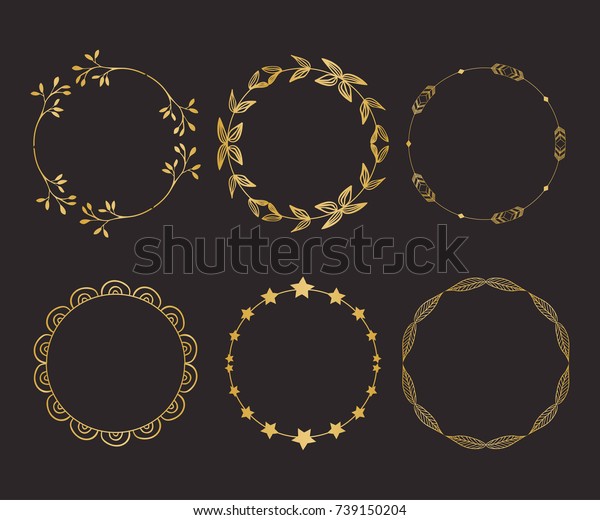 Gold round frame set with floral elements.\
Greeting card with place for text, gold menu and invitation border.\
Vector illustration.
