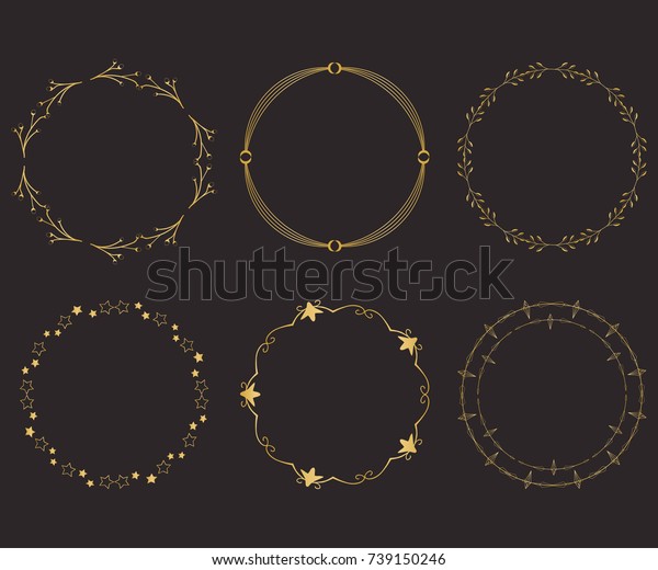 Gold round frame set with floral elements.
Greeting card with place for text, gold menu and invitation border.
Vector illustration.