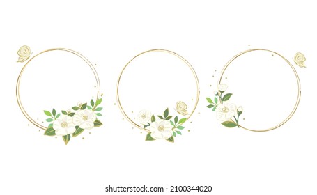 Gold round frame set with white camellia flowers and butterfly