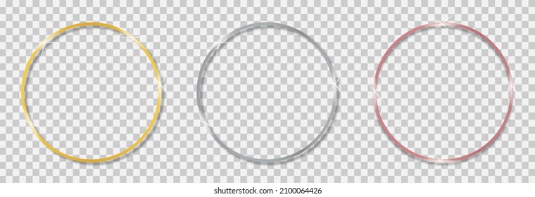 Gold round frame. Gold, silver and bronze rings. Luxury circle with glitter effect for wedding. Circular frames with light, flare and sparkle isolated on transparent background. Vector.